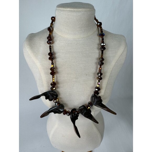 Handcrafted Smoky Quartz & Carved Stone Necklace With Toggle Clasp - Picture 12 of 16